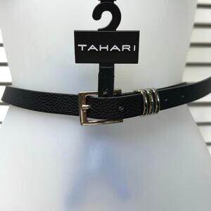 New Tahari Womens Belt Size Large Black Sliver Buckle Faux Leather Adjustable